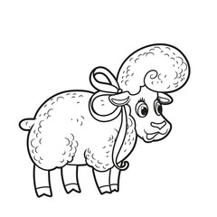 Cute cartoon sheep outlined for coloring page on white background