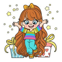 Cute cartoon long haired girl with gifts color variation for coloring page on a white background