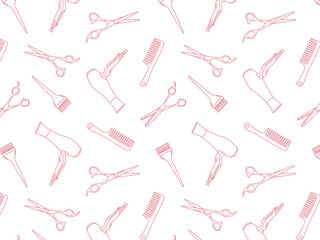 doodle pattern with hairdressing tools, beauty salon background, barbershop advertising banner on white background with pink drawings