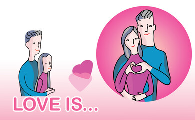 Romantic vector illustration on love story theme. Couple in love, make little heart with hands.  Lifestyle concept for card or valentines.
