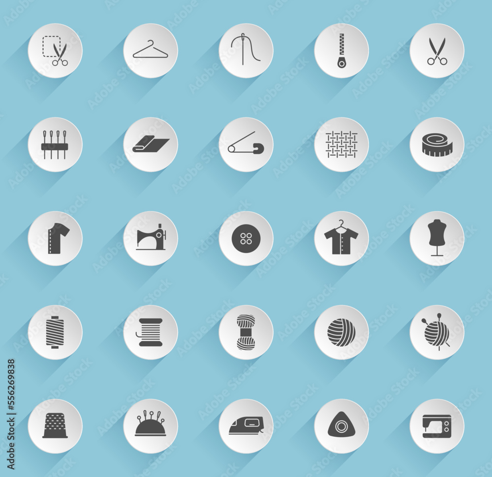 Poster sewing vector icons on round puffy paper circles with transparent shadows on blue background. sewing