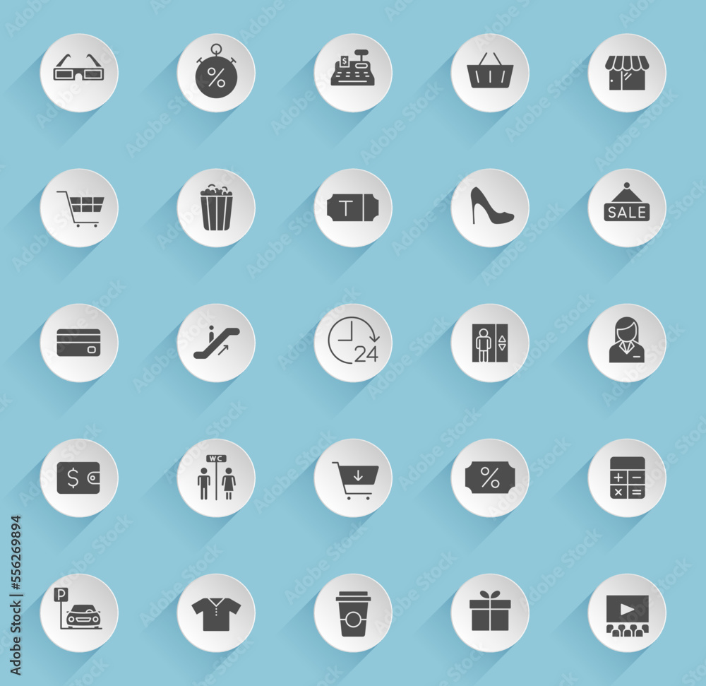 Poster shopping mall vector icons on round puffy paper circles with transparent shadows on blue background.