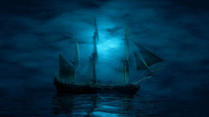 Fototapeta na wymiar pirate ship sailing in the fog in blue lighting