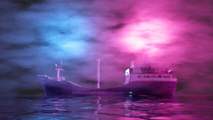 whaling ship sailing in the fog in purple lighting - obrazy, fototapety, plakaty