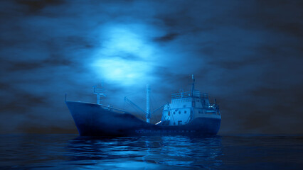 Obraz premium whaling ship sailing in the fog in blue lighting