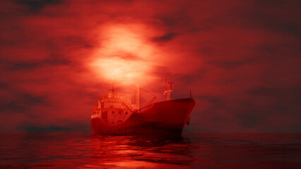 whaling ship sailing in the fog in red lighting - obrazy, fototapety, plakaty