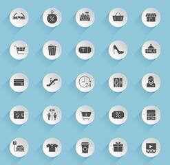shopping mall vector icons on round puffy paper circles with transparent shadows on blue background. shopping mall stock vector icons for web, mobile and user interface design