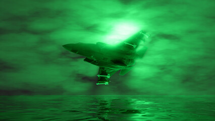 Fototapeta premium combat jet aircraft flying in the fog in green lighting