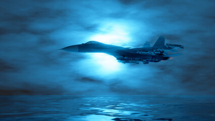 Fototapeta na wymiar combat jet aircraft flying in the fog in blue lighting