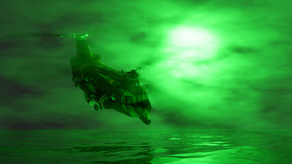 helicopter flying in the fog in green lighting