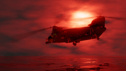 Naklejka na ściany i meble helicopter flying in the fog in red lighting