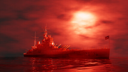 warship in the fog in red lighting