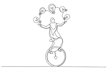 Cartoon of muslim businesswoman riding unicycle juggling lightbulb lamp. Plenty ideas. One line style art
