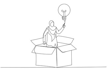 Cartoon of muslim businesswoman get out of paper box with new illumination lightbulb idea. Think outside the box. Continuous line art style
