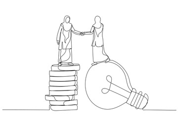 Drawing of muslim businesswoman standing on lightbulb idea lamp shaking hands. Idea pitching. One continuous line art style