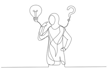 Drawing of muslim businesswoman think of solution to solve problem with lightbulb and question mark. Solution to solve problem. Single line art style