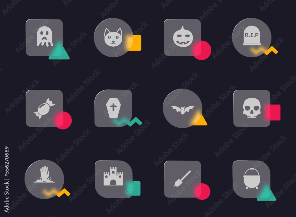 Poster helloween glass morphism trendy style icons. helloween transparent glass vector icons with color mem