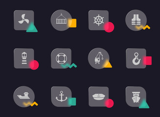 harbor glass morphism trendy style icons. harbor transparent glass vector icons with color memphis figures. for web and ui design, mobile apps and promo business advertising