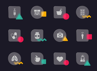 healthcare glass morphism trendy style icons. healthcare transparent glass vector icons with color memphis figures. for web and ui design, mobile apps and promo business advertising