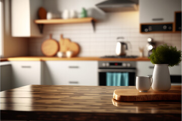 Wood table top on blur kitchen counter (room)background.