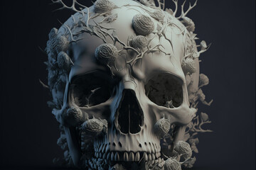 Abstract, surreal, creepy skull with black roses.Digital art