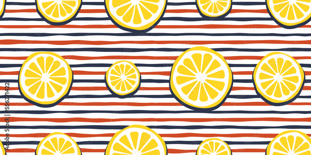 Poster Seamless pattern of lemon slices - citrus illustration repeating on a striped red and blue background. For seamless print and interior design, textiles, packaging, pillows, notebooks.