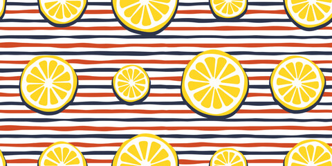 Seamless pattern of lemon slices - citrus illustration repeating on a striped red and blue background. For seamless print and interior design, textiles, packaging, pillows, notebooks.