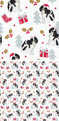 Pattern design with cavalier king charles spaniels. Christmas geometric low poly animal pattern. Flat dog design, seamless pattern. Repeatable textile, wrapping paper, blue background graphic design.