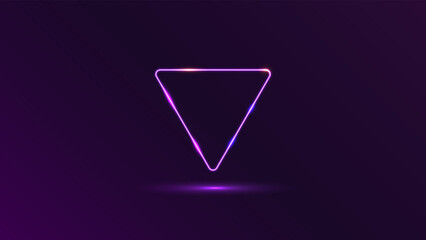 Neon rounded triangle frame with shining effects on dark background. Empty glowing techno backdrop. Vector illustration.
