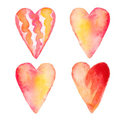 Obraz na płótnie Canvas Four hearts. Watercolour pink, red, yellow colours. Wedding, birthday, Valentines Day Icon, clipart.