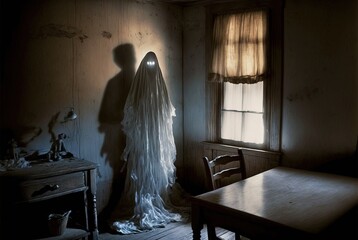 Creepy abandoned haunted house with spooky white cloth ghost, terrifying evil paranormal apparition.