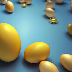 easter egg hunt, gold easter eggs on blue background, happy easter