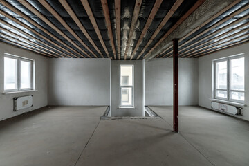 Repairs in the building. Building with a metal staircase at the time of renovation. Construction site in the house without people. Construction of a new house. Construction and architecture