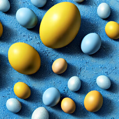 Fototapeta na wymiar easter background, easter egg hunt, yellow easter eggs on blue background