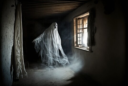 Creepy abandoned haunted house with spooky white cloth ghost, terrifying evil paranormal apparition.