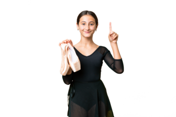 Young woman practicing ballet over isolated chroma key background pointing up a great idea