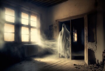 Creepy abandoned haunted house with spooky white cloth ghost, terrifying evil paranormal apparition.   - obrazy, fototapety, plakaty