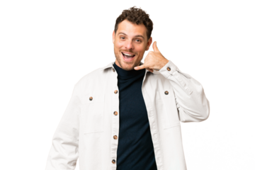 Brazilian man over isolated chroma key background making phone gesture. Call me back sign