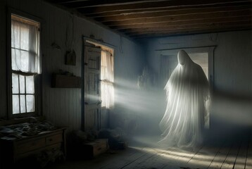 Creepy abandoned haunted house with spooky white cloth ghost, terrifying evil paranormal apparition.  