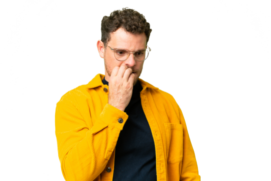 Brazilian man over isolated chroma key background having doubts