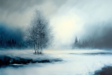 Obraz na płótnie Canvas Winter foggy landscape oil painting. Moody and atmospheric. AI 