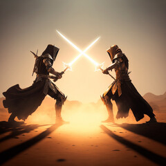 epic cinematic battle of two warriors in armor. High quality illustration - obrazy, fototapety, plakaty