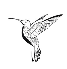 Small motley bird fluing black ink, isolated on a white backgound. Graphic Ornament  drawing.