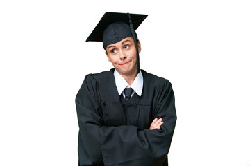 Young university graduate  caucasian woman over isolated background making doubts gesture while lifting the shoulders