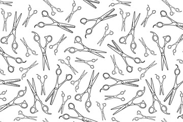 doodle pattern with hairdressing small and big scissors, beauty salon background, barbershop advertising banner on black background with white drawings