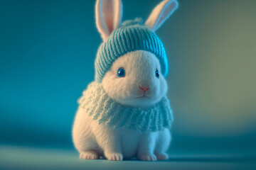A super cute rabbit wearing a sweater wearing a hat on a snowy background.
