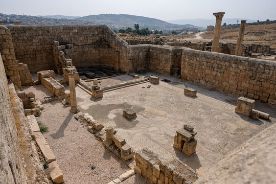 Byzantine Church of Saints Cosmas and Damianus in Gerasa, Jerash, Jordan, a City of the Roman Decapolis with Mosaic Floor
