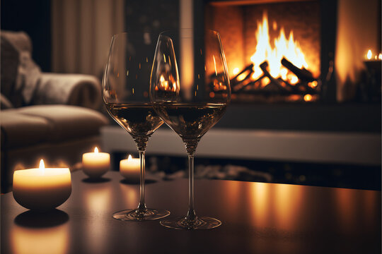 Two glasses of champagne with fireplace, Generative Ai