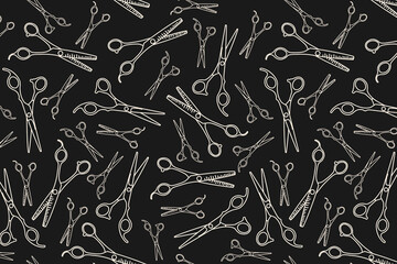 doodle pattern with hairdressing small and big scissors, beauty salon background, barbershop advertising banner on dark background with white drawings