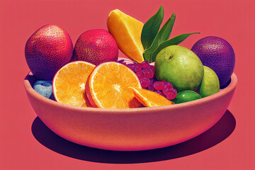 Fresh variety of different fruits in fruit bowl on red background (Generative AI)